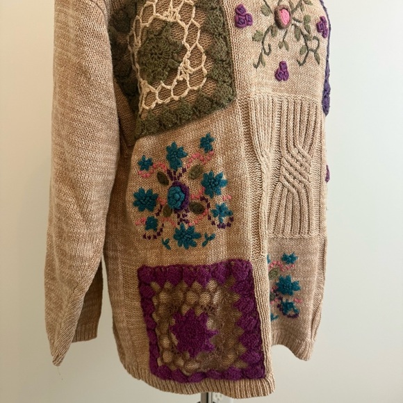 Vintage Ramie Cotton Floral Embroidered Chunky Knit Sweater Women’s L/XL Grandma - Picture 3 of 12